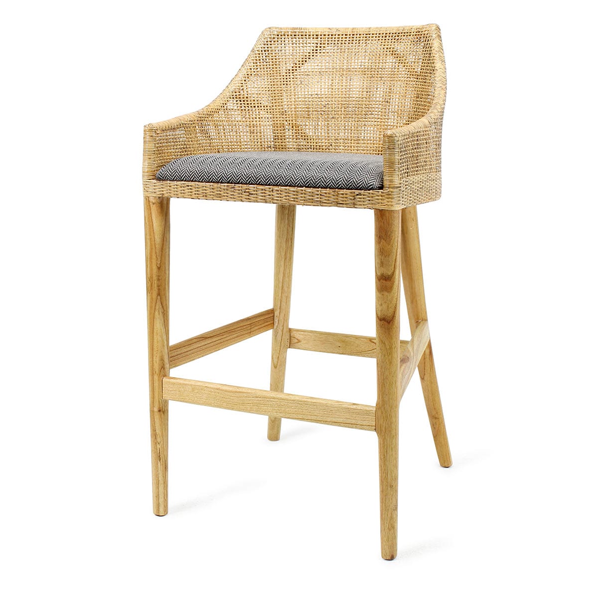 Tabouret ou chaise haute de bar en rotin avec dossier.