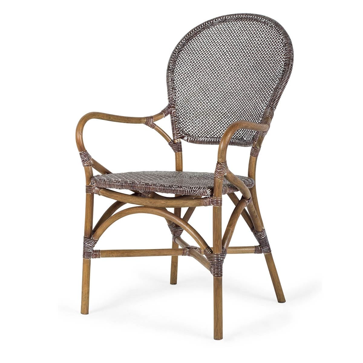 Bistro chair made of rattan in white, with armrests.