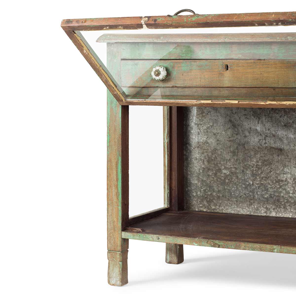 Original vintage side table with display and drop down door.