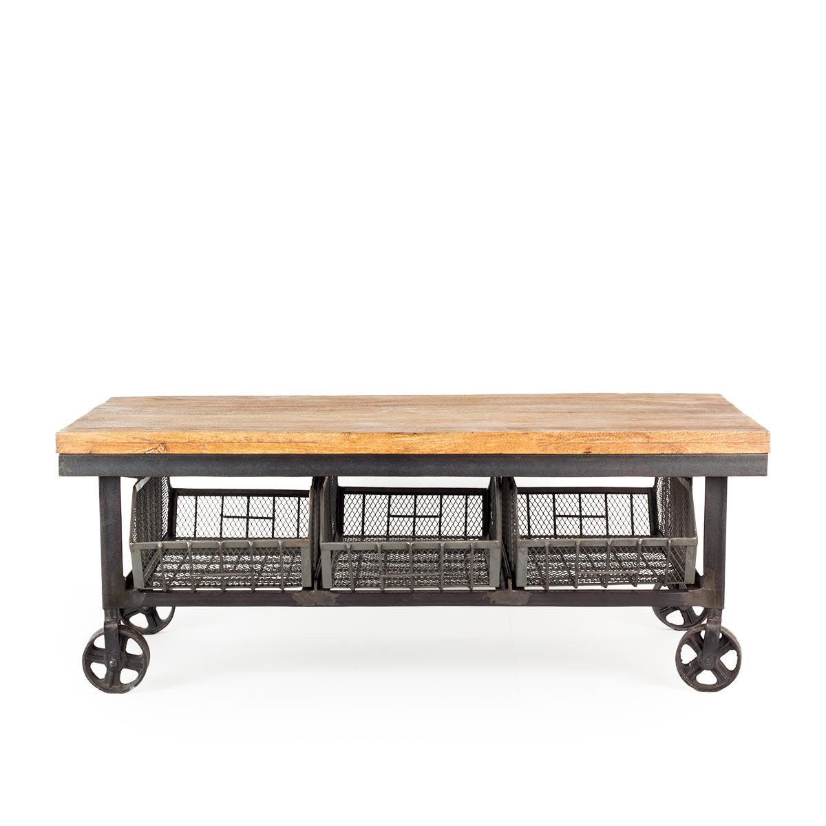 Industrial style coffee table outlet with storage