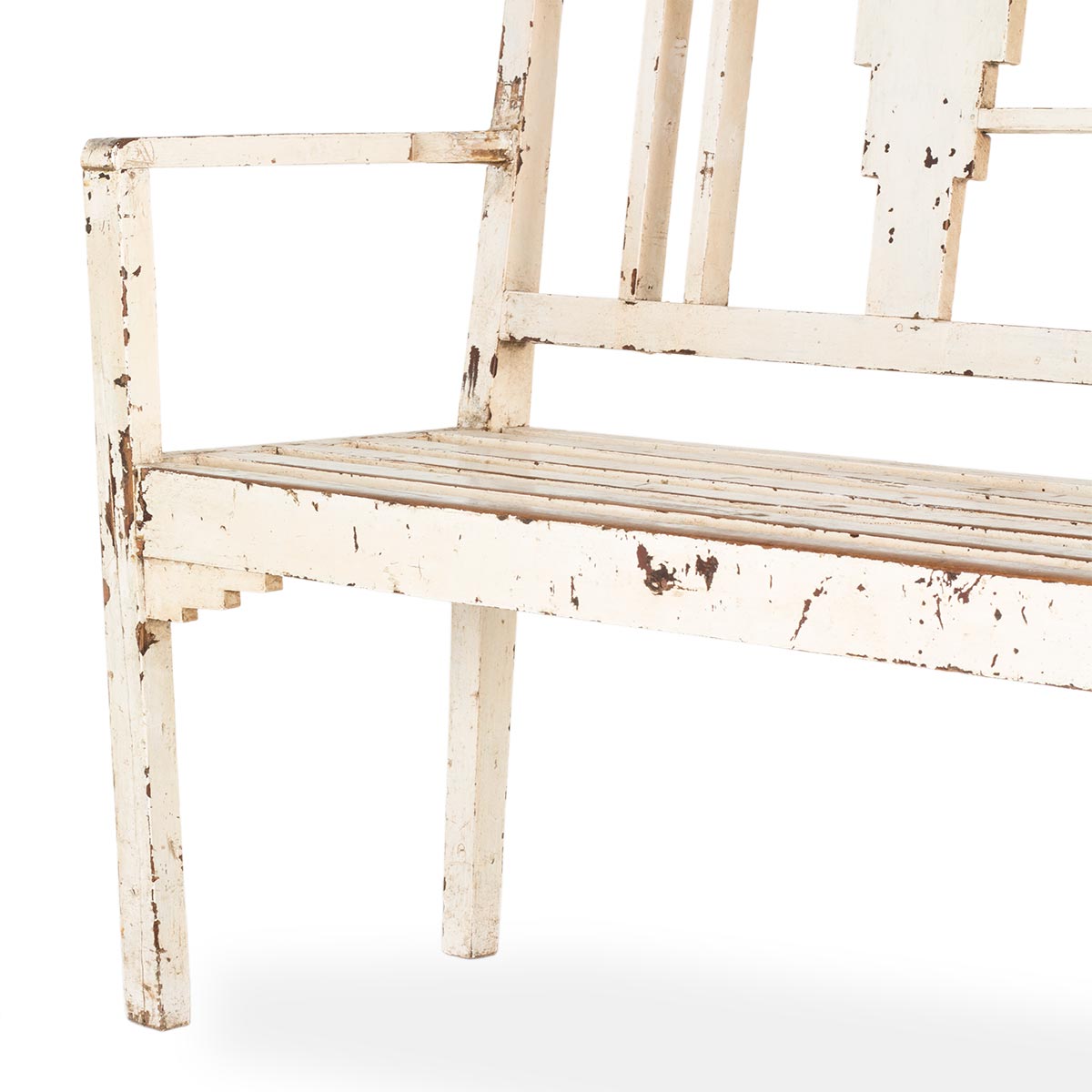 Antique off-white bench, with stripped wood.