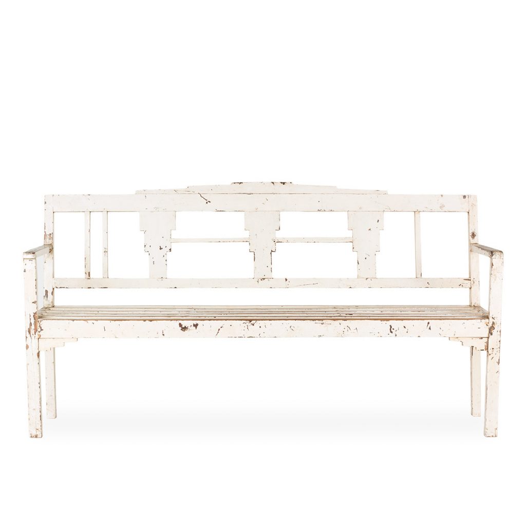 Antique offwhite bench, with stripped wood.