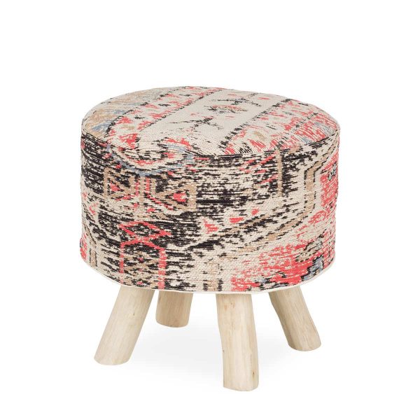 Low wooden upholstered stool.