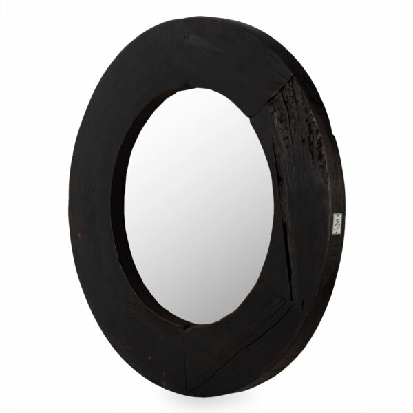Black round wooden frame mirror..