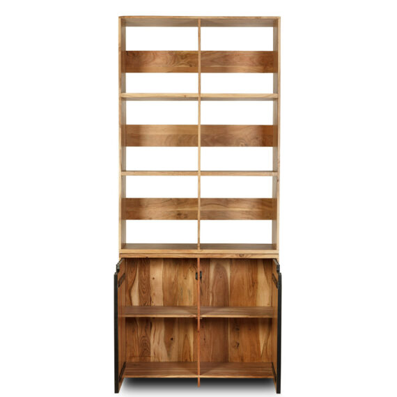 Wood shelving with doors.