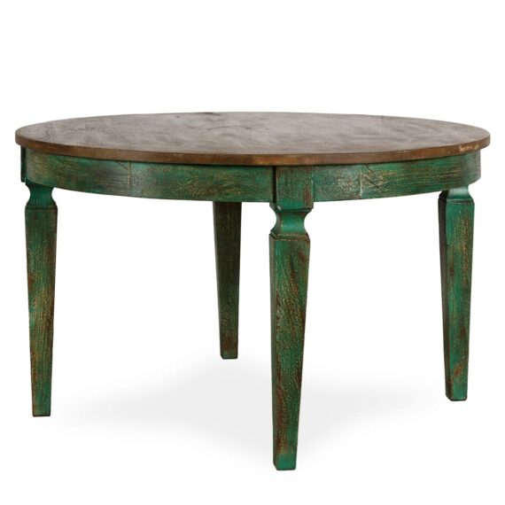 Green round wooden table.